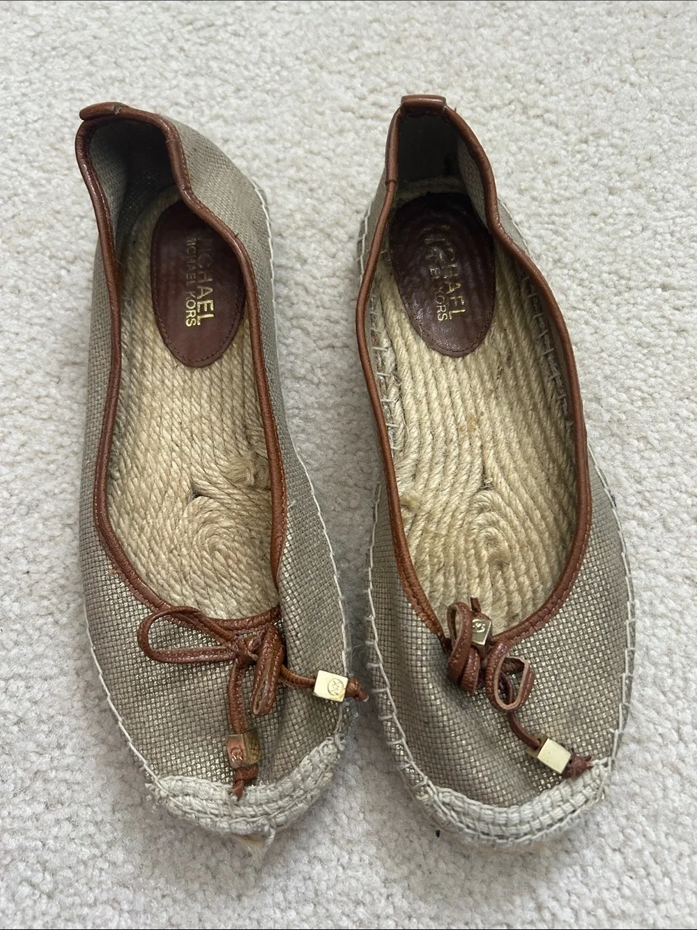 Michael Kors Taupe Canvas Espadrille Ballet Flats with Brown Trim